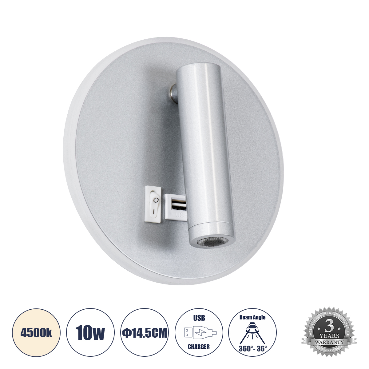 LEDTM® JERSEY 61103 Μοντέρνο Φωτιστικό Τοίχου - Απλίκα Ξενοδοχείου Reading Light με Φορτιστή USB 3A LED 10W 1380lm 36° & 360° AC 220-240V IP20 Φυσικό Λευκό 4500K - Bridgelux SMD Chip & TÜV SÜD Driver - Νίκελ Βούρτσας - Μ14.5 x Π14.5 x Υ6cm - 3 Χρόνια Εγγύηση - Image 2
