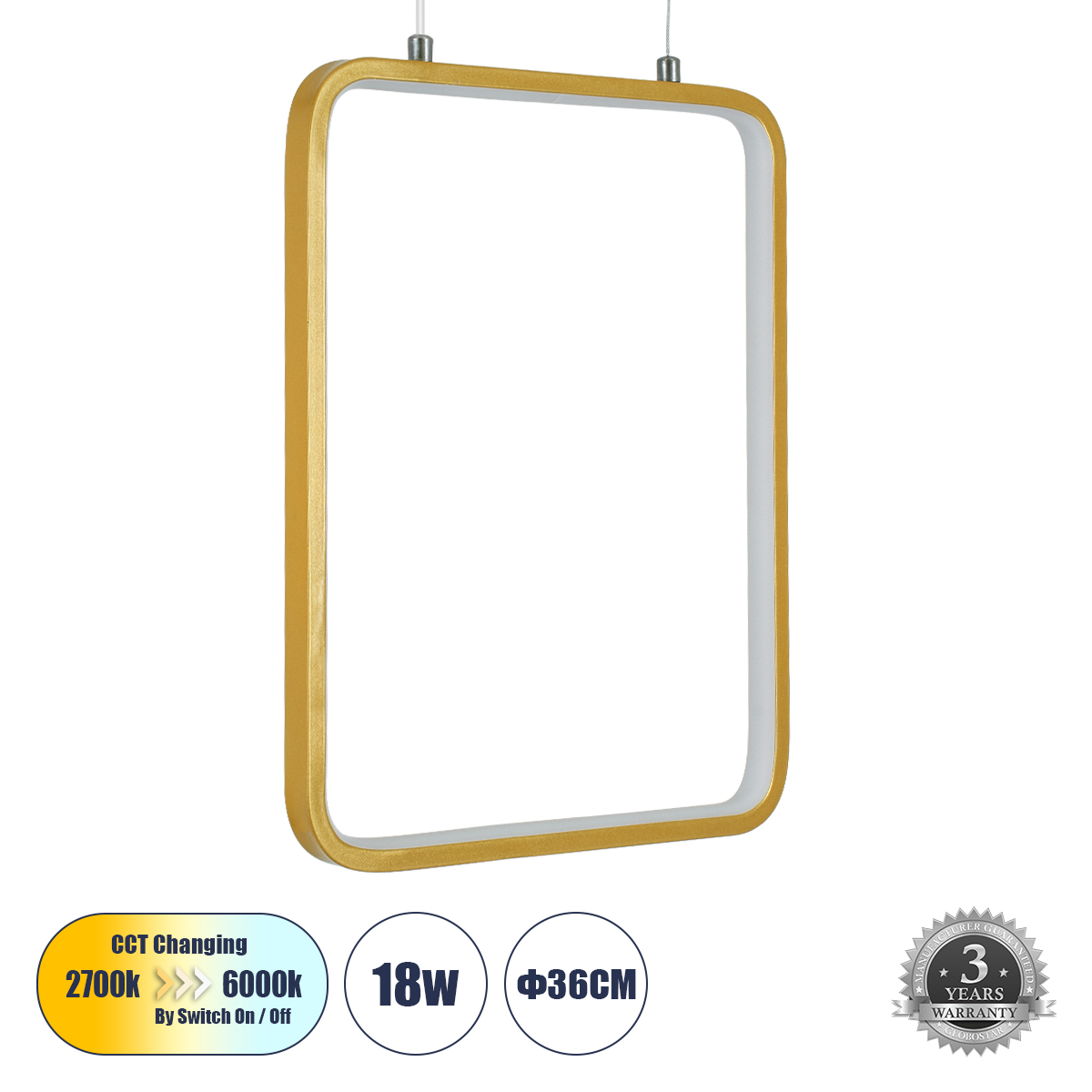 LEDTM® NEROBA 61305 Μοντέρνο Κρεμαστό Φωτιστικό Οροφής LED 18W 1980lm 360° AC 220-240V IP20 Ρυθμιζόμενο Λευκό CCT με On/Off 2700K/4500K/6000K - Lumileds SMD Chip - Χρυσό Βούρτσας - Μ29 x Π2 x Υ36cm - 3 Χρόνια Εγγύηση - Image 2