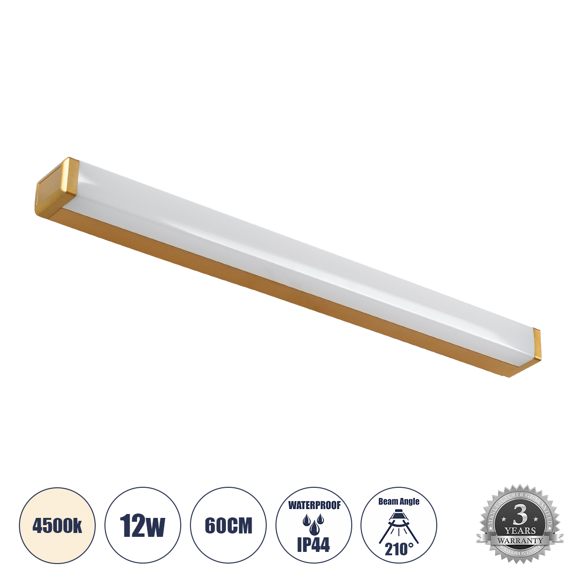 LEDTM® RENATA 60443 Μοντέρνο Φωτιστικό Τοίχου - Απλίκα Καθρέπτη Μπάνιου LED 12W 1400lm 210° AC 220-240V IP44 Φυσικό Λευκό 4500K - Lumileds SMD Chip & TÜV SÜD Driver - Χρυσό Βούρτσας - Μ60 x Π4 x Υ5.5cm - 3 Χρόνια Εγγύηση - Image 2