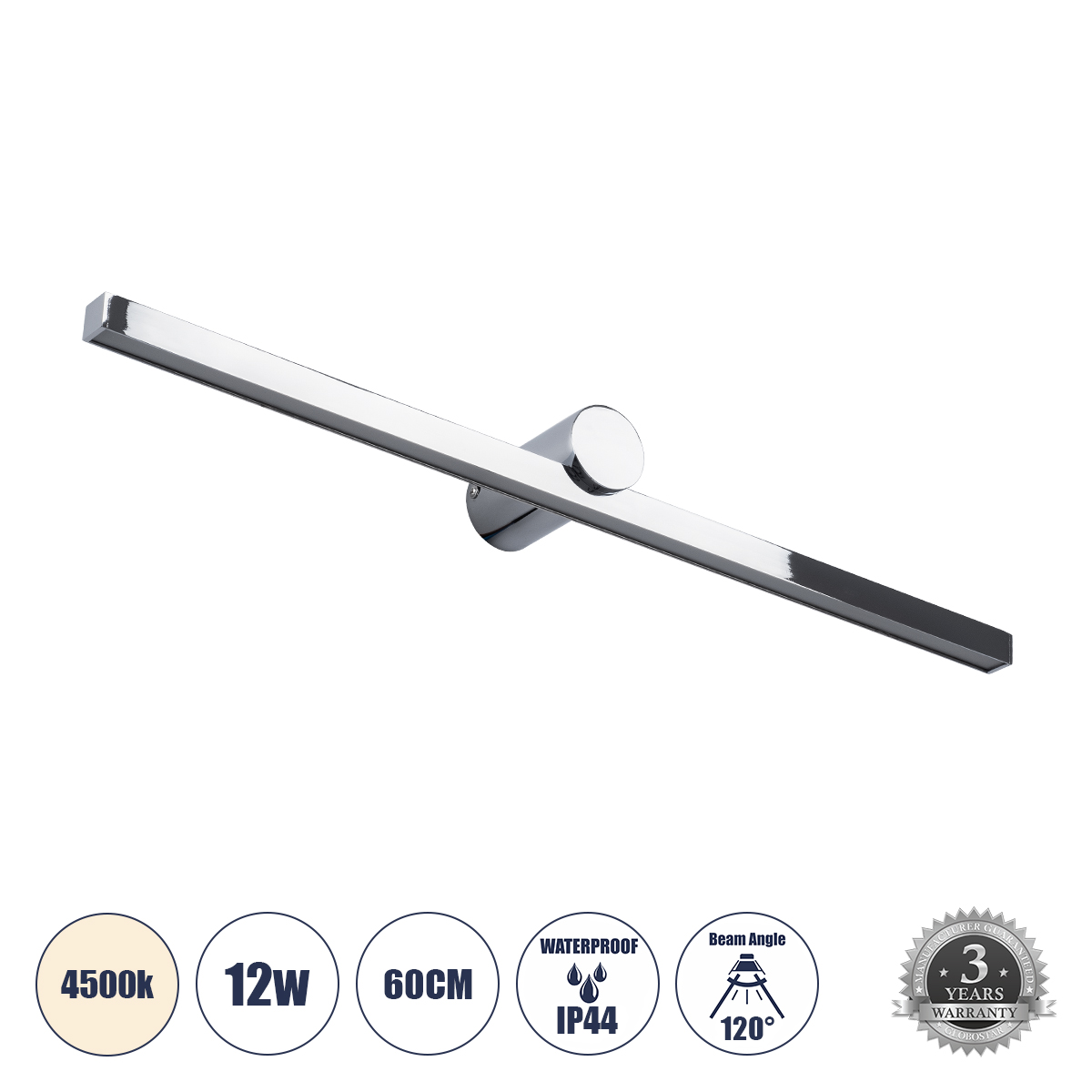 LEDTM® ROSA 60451 Μοντέρνο Φωτιστικό Τοίχου - Απλίκα Καθρέπτη Μπάνιου LED 12W 1400lm 120° AC 220-240V IP44 Φυσικό Λευκό 4500K - Lumileds SMD Chip & TÜV SÜD Driver - Νίκελ Χρώμιο - Μ60 x Π15 x Υ7cm - 3 Χρόνια Εγγύηση - Image 2