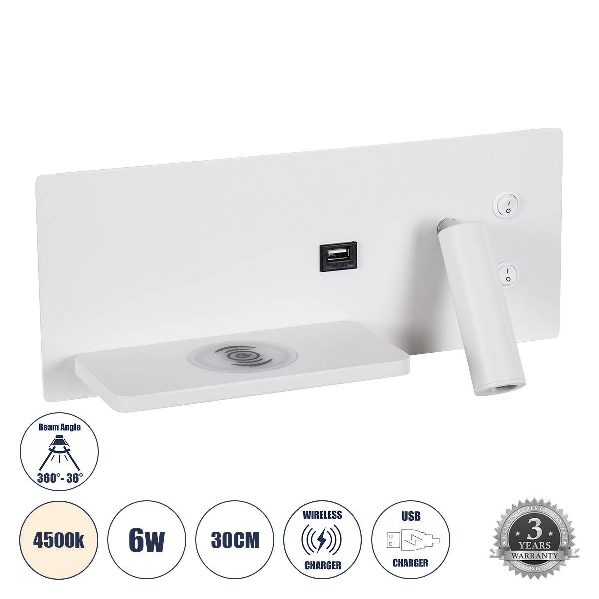 LEDTM® PALADIN 61353 Μοντέρνο Φωτιστικό Τοίχου - Απλίκα Ξενοδοχείου Reading Light με Φορτιστή USB 3A & Wireless 20W LED 6W 720lm 36° & 360° AC 220-240V IP20 Φυσικό Λευκό 4500K - Bridgelux COB Chip & TÜV SÜD Driver - Λευκό Ματ - Μ30 x Π11 x Υ12cm - 3 Χρόνια Εγγύηση - Image 2