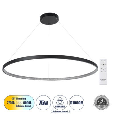 Alternative view of LEDTM® DIAMOND 61519 Μοντέρνο Κρεμαστό Φωτιστικό Οροφής LED 75W 8400lm 360° AC 220-240V IP20 Ρυθμιζόμενο Λευκό CCT με Χειριστήριο από 2700K έως 6000K Dimmable - Lumileds SMD Chip - Μαύρο Ματ - Μ100 x Π100 x Υ90cm - 3 Χρόνια Εγγύηση