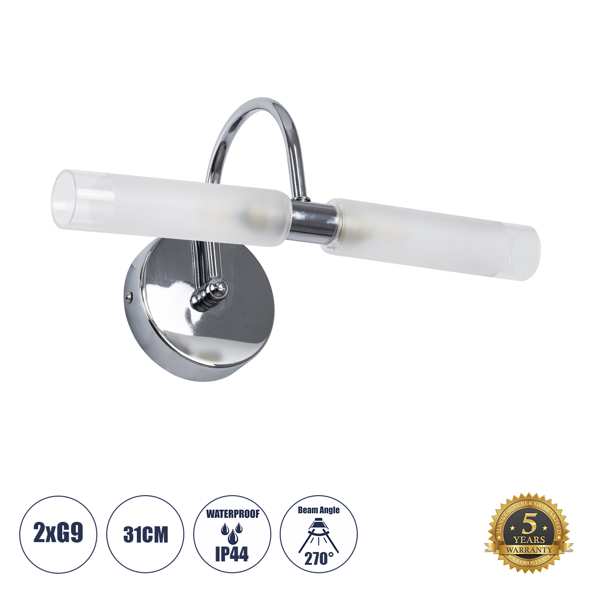 LEDTM® PAOLA 60418 Μοντέρνο Φωτιστικό Τοίχου - Απλίκα Καθρέπτη Μπάνιου με Ντουί 2 x G9 AC 220-240V IP44 - Νίκελ Χρώμιο - Μ31 x Π16 x Υ15cm - Image 2