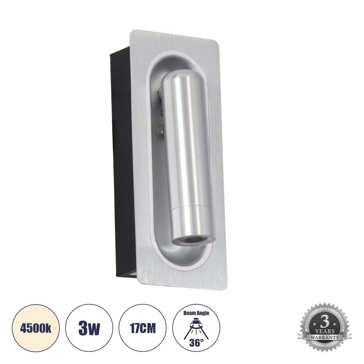 LEDTM® MANHATTAN 61099 Μοντέρνο Φωτιστικό Τοίχου - Απλίκα Ξενοδοχείου Reading Light LED 3W 405lm 36° AC 220-240V IP20 Φυσικό Λευκό 4500K - Bridgelux COB Chip & TÜV SÜD Driver - Νίκελ Βούρτσας - Μ7 x Π7 x Υ17cm - 3 Χρόνια Εγγύηση - Image 2