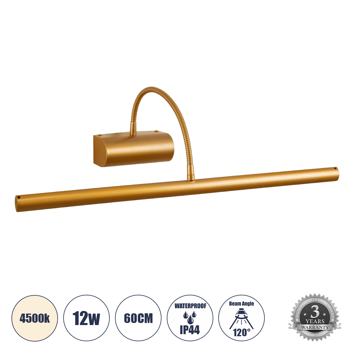 LEDTM® TROIS 60439 Μοντέρνο Φωτιστικό Τοίχου - Απλίκα Καθρέπτη Μπάνιου LED 12W 1400lm 120° AC 220-240V Αδιάβροχο IP44 Φυσικό Λευκό 4500K - Lumileds SMD Chip & TÜV SÜD Driver - Χάλκινο - Μ60 x Π24 x Υ18cm - 3 Χρόνια Εγγύηση - Image 2