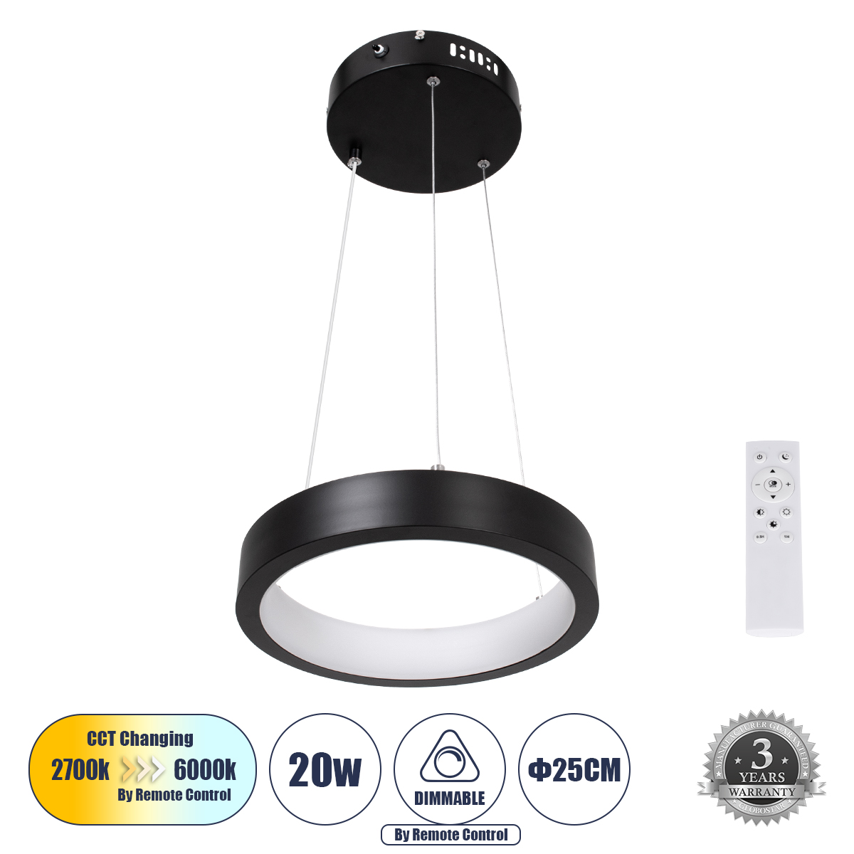 LEDTM® NEMESIS 61152 Μοντέρνο Κρεμαστό Φωτιστικό Οροφής LED 20W 2000lm 360° AC 220-240V IP20 Ρυθμιζόμενο Λευκό CCT με Χειριστήριο από 2700K έως 6000K Dimmable - Lumileds SMD Chip - Μαυρό Ματ - Μ25 x Π25 x Υ4cm - 3 Χρόνια Εγγύηση - Image 2