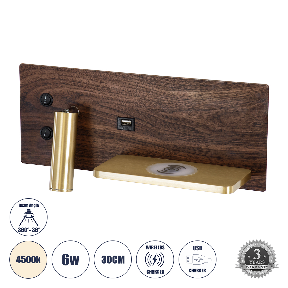 LEDTM® PALADIN 61362 Μοντέρνο Φωτιστικό Τοίχου - Απλίκα Ξενοδοχείου Reading Light με Φορτιστή USB 3A & Wireless 20W LED 6W 720lm 36° & 360° AC 220-240V IP20 Φυσικό Λευκό 4500K - Bridgelux COB Chip & TÜV SÜD Driver - Καφέ & Χρυσό Βούρτσας - Μ30 x Π11 x Υ12cm - 3 Χρόνια Εγγύηση - Image 2