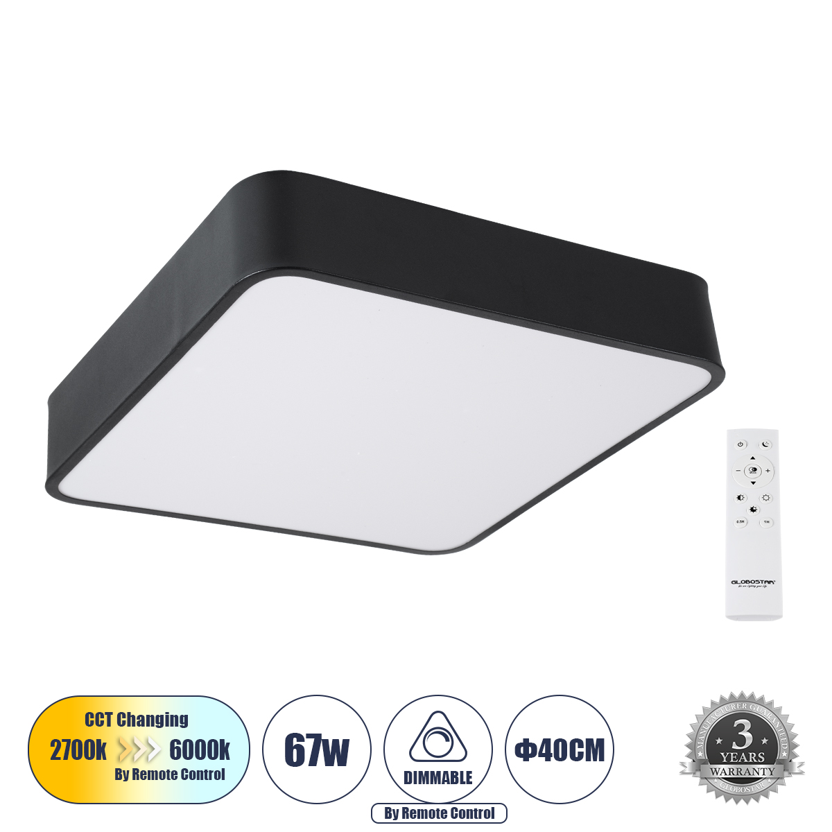 LEDTM® KAMALA 61206-S Μοντέρνο Φωτιστικό Οροφής LED 67W 7705lm 120° AC 220-240V IP20 Ρυθμιζόμενο Λευκό CCT με Χειριστήριο από 2700K έως 6000K Dimmable - Lumileds SMD Chip - Μαύρο Ματ - Μ40 x Π40 x Υ8cm - 3 Χρόνια Εγγύηση - Image 2