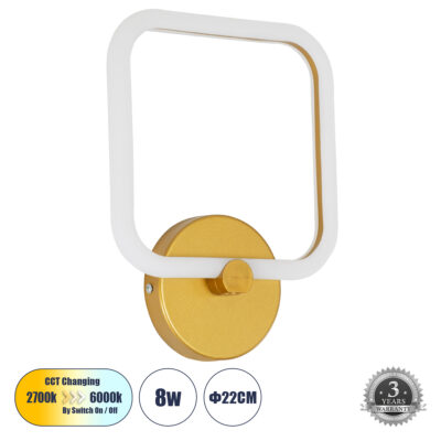 Alternative view of LEDTM® ELIZA 61344 Μοντέρνο Φωτιστικό Τοίχου - Απλίκα LED 8W 960lm 360° AC 220-240V IP20 Ρυθμιζόμενο Λευκό CCT με On/Off 2700K/4500K/6000K - Lumileds SMD Chip - Χρυσό - Μ22 x Π5 x Υ28.5cm - 3 Χρόνια Εγγύηση