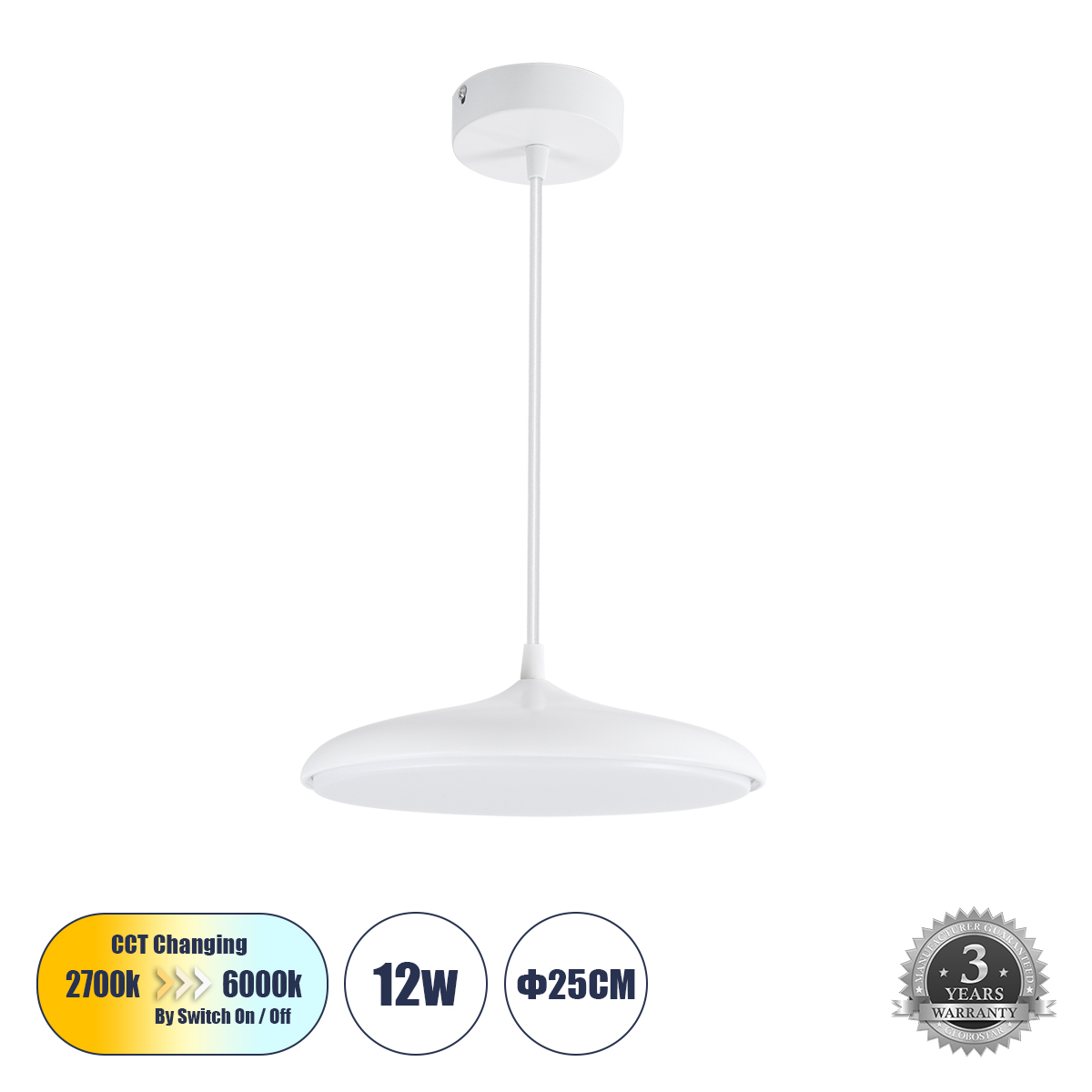 LEDTM® BARON 61252 Μοντέρνο Κρεμαστό Φωτιστικό Οροφής LED 12W 1440lm 120° AC 220-240V IP20 Ρυθμιζόμενο Λευκό CCT με On/Off 2700K/4500K/6000K - Lumileds SMD Chip - Λευκό Ματ - Μ25 x Π25 x Υ8cm - 3 Χρόνια Εγγύηση - Image 2