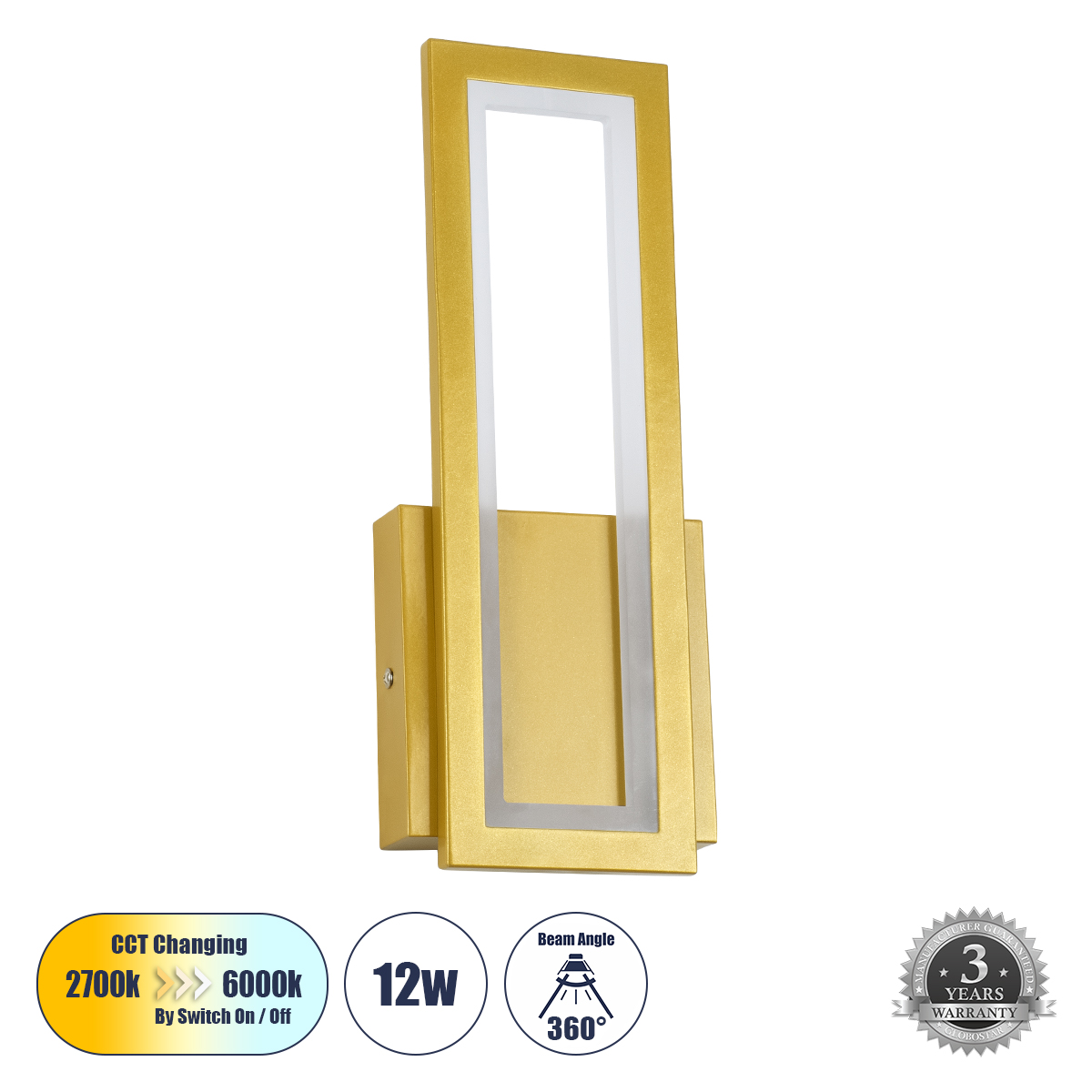 LEDTM® TIARA 61328 Μοντέρνο Φωτιστικό Τοίχου - Απλίκα LED 12W 1440lm 300° AC 220-240V IP20 Ρυθμιζόμενο Λευκό CCT με On/Off 2700K/4500K/6000K - Lumileds SMD Chip - Χρυσό Βούρτσας - Μ12.5 x Π4 x Υ32cm - 3 Χρόνια Εγγύηση - Image 2
