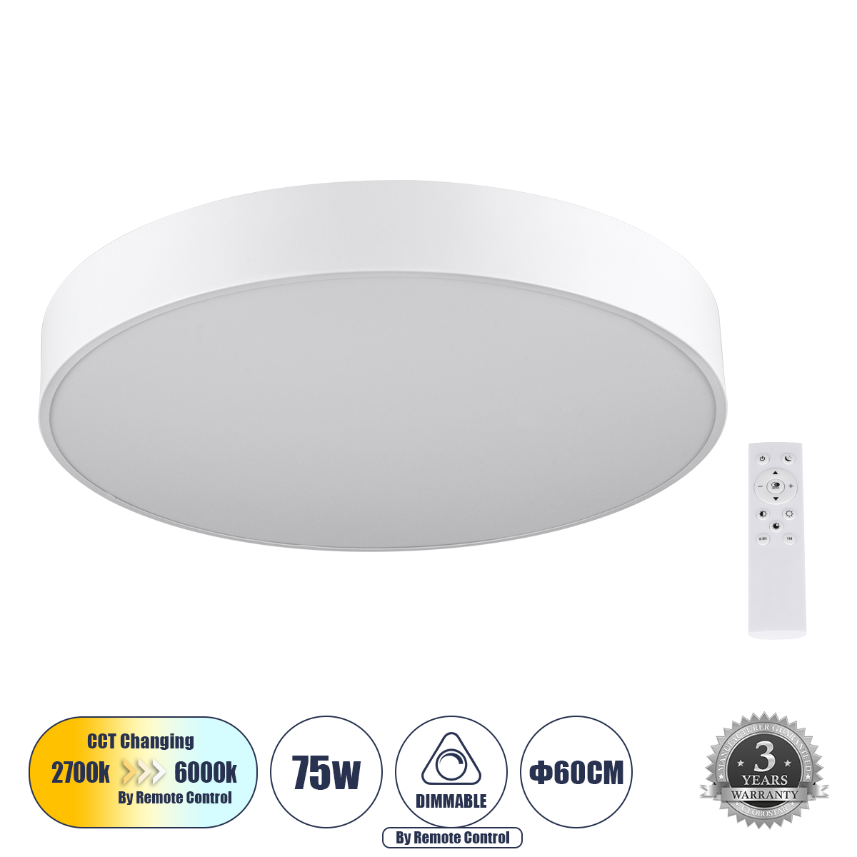 LEDTM® BURTON 61203-S Μοντέρνο Φωτιστικό Οροφής LED 75W 8625lm 120° AC 220-240V IP20 Ρυθμιζόμενο Λευκό CCT με Χειριστήριο από 2700K έως 6000K Dimmable - Lumileds SMD Chip - Λευκό Ματ - Μ60 x Π60 x Υ8cm - 3 Χρόνια Εγγύηση - Image 2