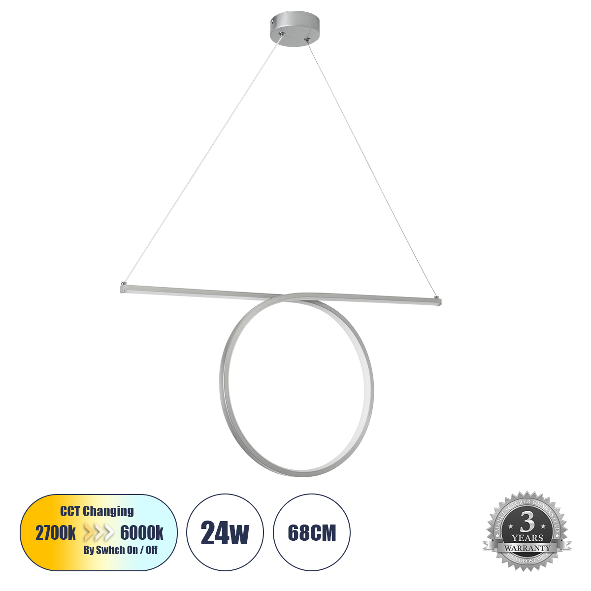 LEDTM® ROME 61296 Μοντέρνο Κρεμαστό Φωτιστικό Οροφής LED 24W 2640lm 200° AC 220-240V IP20 Ρυθμιζόμενο Λευκό CCT με On/Off 2700K/4500K/6000K - Lumileds SMD Chip - Νίκελ Βούρτσας - Μ65.5 x Π4 x Υ33cm - 3 Χρόνια Εγγύηση - Image 2