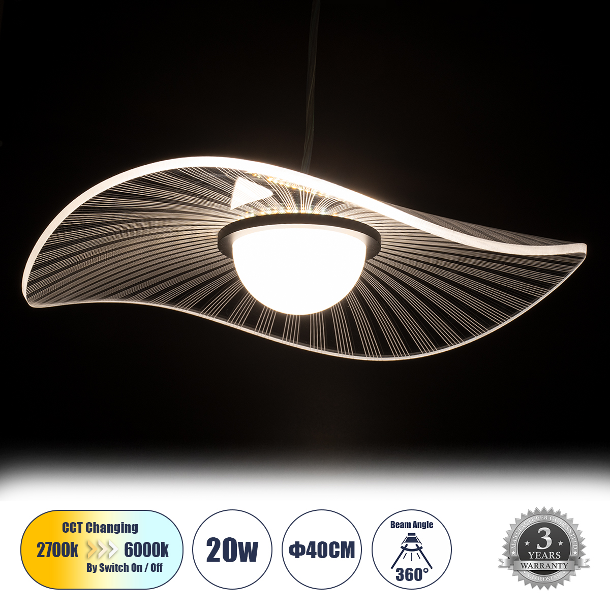 LEDTM® ACRYLICA 60974 Μοντέρνο Κρεμαστό Φωτιστικό Οροφής LED 20W 2240lm 360° AC 220-240V IP20 Ρυθμιζόμενο Λευκό CCT με On/Off 2700K/4500K/6000K - Lumileds SMD Chip - Διάφανο & Μαύρο Ματ - Μ40 x Π40 x Υ6.5cm - 3 Χρόνια Εγγύηση - Image 2