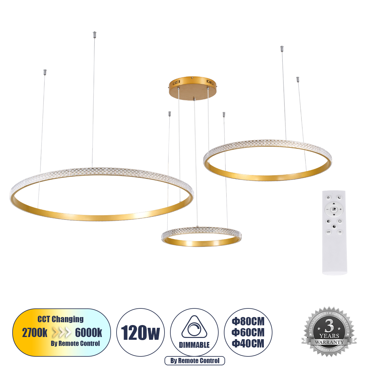 LEDTM® DIAMOND TRIO 61145 Μοντέρνο Κρεμαστό Φωτιστικό Οροφής LED 120W 14723lm 360° AC 220-240V IP20 Ρυθμιζόμενο Λευκό CCT με Χειριστήριο από 2700K έως 6000K Dimmable - Lumileds SMD Chip - Χρυσό Βούρτσας - Μ150 x Π150 x Υ60cm - 3 Χρόνια Εγγύηση - Image 2
