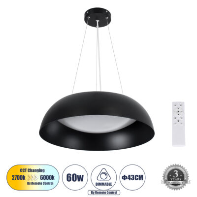 Alternative view of LEDTM® ANATOLIA 61267 Μοντέρνο Κρεμαστό Φωτιστικό Οροφής LED 60W 6900lm 120° AC 220-240V IP20 Ρυθμιζόμενο Λευκό CCT με Χειριστήριο από 2700K έως 6000K Dimmable - Lumileds SMD Chip - Μαύρο Ματ - Μ43 x Π43 x Υ11cm - 3 Χρόνια Εγγύηση