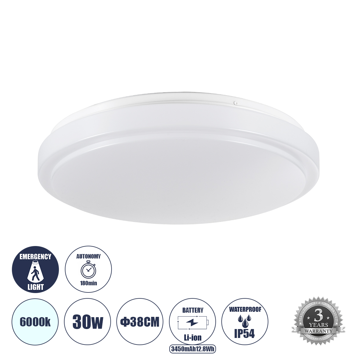LEDTM® EMERGANO 60992 Φωτιστικό Πλαφονιέρα Οροφής με Ενσωματωμένο Σύστημα Emergency Li-ion 3450mAh/12.8Wh με Αυτονομία 3hrs LED 30W 3900lm 120° AC 220-240V Αδιάβροχο IP54 Ψυχρό Λευκό 6000K - Lumileds SMD Chip - Λευκό Γαλακτερό - Μ38 x Π38 x Υ5.3cm - 3 Χρόνια Εγγύηση - Image 2