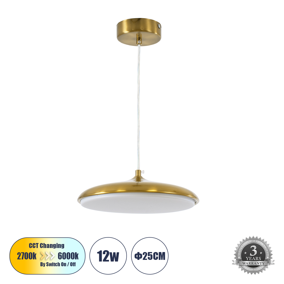 LEDTM® BARON 60886 Μοντέρνο Κρεμαστό Φωτιστικό Οροφής LED 12W 1440lm 120° AC 220-240V IP20 Ρυθμιζόμενο Λευκό CCT με On/Off 2700K/4500K/6000K - Lumileds SMD Chip - Χρυσό - Μ25 x Π25 x Υ8cm - 3 Χρόνια Εγγύηση - Image 2