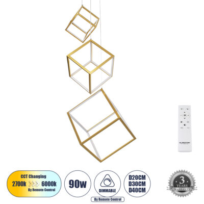 Alternative view of LEDTM® KIBOO-TRIO 60932 Μοντέρνο Κρεμαστό Φωτιστικό Οροφής LED 90W 10350lm 360° AC 220-240V IP20 Ρυθμιζόμενο Λευκό CCT με Χειριστήριο από 2700K έως 6000K Dimmable - Lumileds SMD Chip - Χρυσό - Μ60 x Π60 x Υ80cm - 3 Χρόνια Εγγύηση