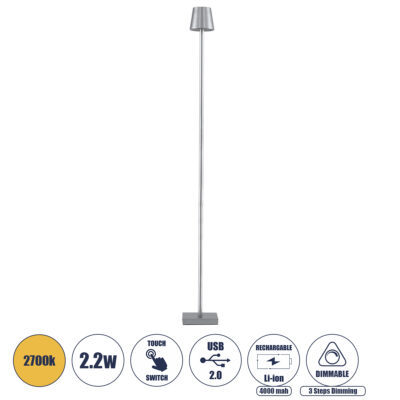 Alternative view of LEDTM® NEGA 60480 Μοντέρνο Επιδαπέδιο Φωτιστικό LED 2.2W 154lm 360° DC 5V με USB 2.0 με Επαναφορτιζόμενη Μπαταρία Li-ion 3.7V 4000mAh IP44 Θερμό Λευκό 2700K με Αφή Dimmable - Lumileds SMD Chip - Ασημί - Μ10 x Π10 x Υ135cm - 2 Χρόνια Εγγύηση