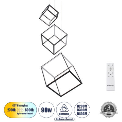 Alternative view of LEDTM® KIBOO-TRIO 60931 Μοντέρνο Κρεμαστό Φωτιστικό Οροφής LED 90W 10350lm 360° AC 220-240V IP20 Ρυθμιζόμενο Λευκό CCT με Χειριστήριο από 2700K έως 6000K Dimmable - Lumileds SMD Chip - Μαύρο Ματ - Μ60 x Π60 x Υ80cm - 3 Χρόνια Εγγύηση