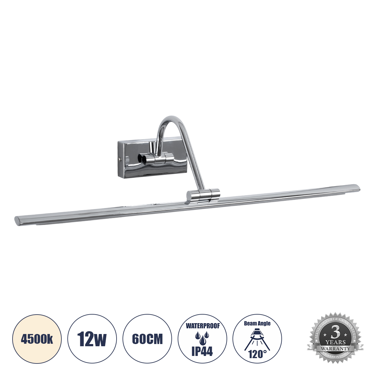 LEDTM® MIRA 60434 Μοντέρνο Φωτιστικό Τοίχου - Απλίκα Καθρέπτη Μπάνιου LED 12W 1400lm 120° AC 220-240V IP44 Φυσικό Λευκό 4500K - Lumileds SMD Chip & TÜV SÜD Driver - Νίκελ Χρώμιο - Μ60 x Π20 x Υ13cm - 3 Χρόνια Εγγύηση - Image 2