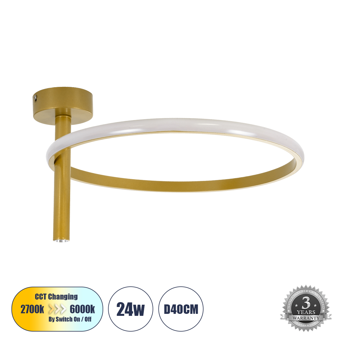 LEDTM® VERONA 61222 Μοντέρνο Φωτιστικό Οροφής LED 24W 2688lm 360° AC 220-240V IP20 Ρυθμιζόμενο Λευκό CCT με On/Off 2700K/4500K/6000K - Lumileds SMD Chip - Χρυσό - Μ40 x Π40 x Υ23cm - 3 Χρόνια Εγγύηση - Image 2