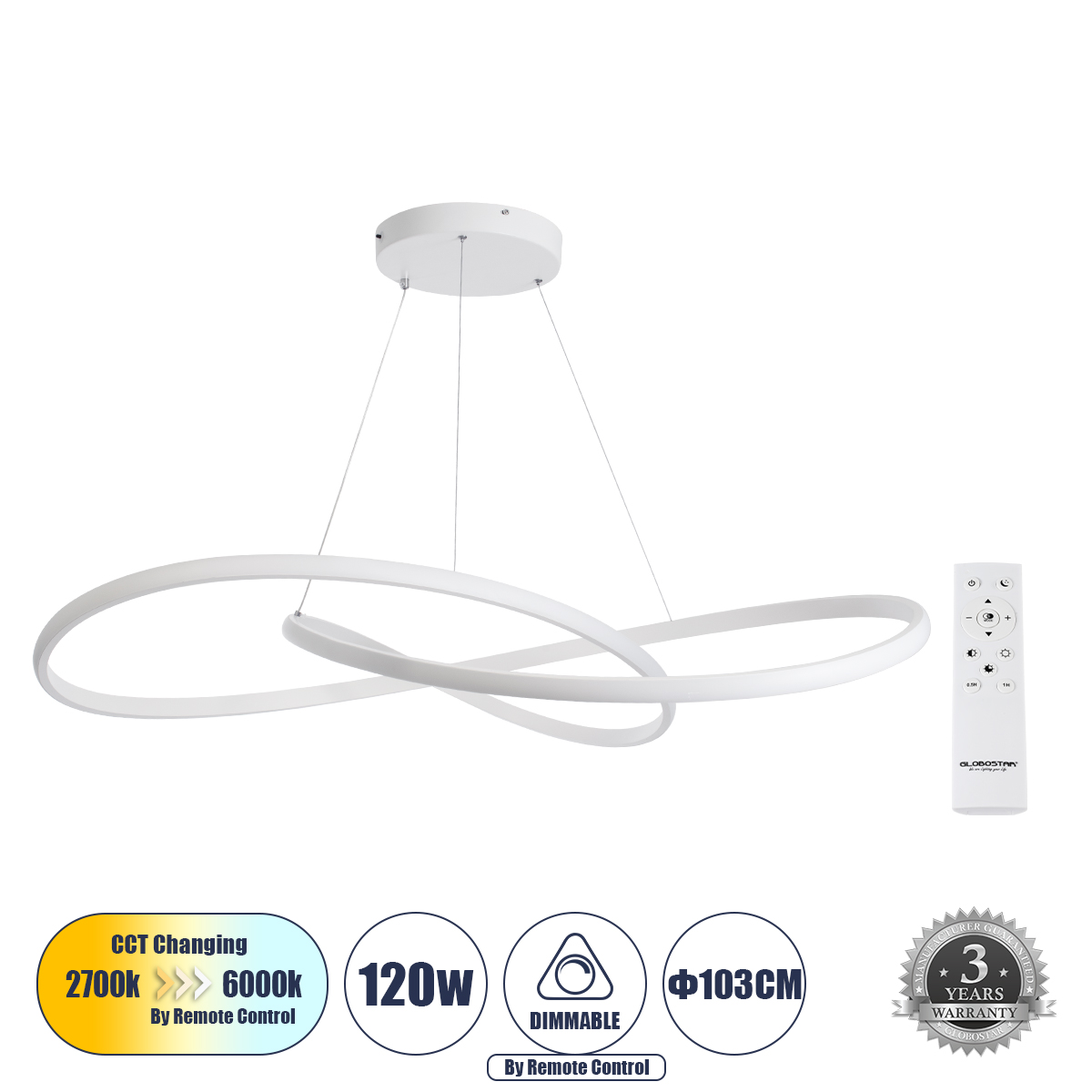 LEDTM® DEXTER 60918 Μοντέρνο Κρεμαστό Φωτιστικό Οροφής LED 120W 13440lm 300° AC 220-240V IP20 Ρυθμιζόμενο Λευκό CCT με Χειριστήριο από 2700K έως 6000K Dimmable - Lumileds SMD Chip - Λευκό Ματ - Μ103 x Π103 x Υ22cm - 3 Χρόνια Εγγύηση - Image 2