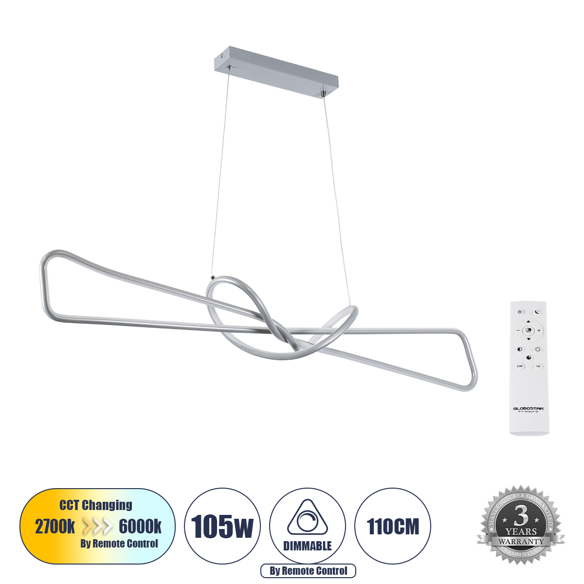 LEDTM® DOLORES 61281 Μοντέρνο Κρεμαστό Φωτιστικό Οροφής LED 105W 11760lm 300° AC 220-240V IP20 Ρυθμιζόμενο Λευκό CCT με Χειριστήριο από 2700K έως 6000K Dimmable - Lumileds SMD Chip - Νίκελ Βούρτσας - Μ110 x Π17 x Υ17.5cm - 3 Χρόνια Εγγύηση - Image 2
