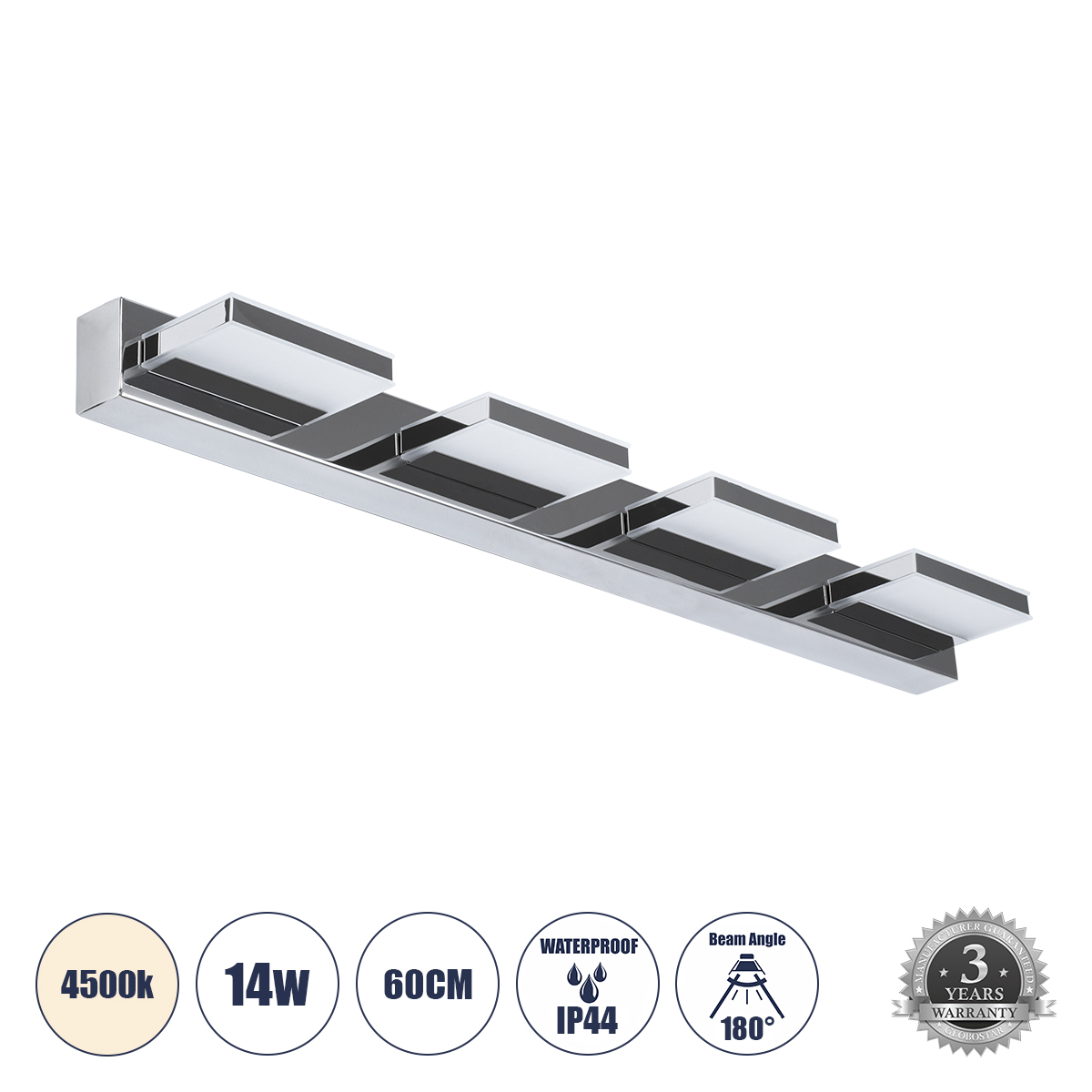 LEDTM® KARLA 60456 Μοντέρνο Φωτιστικό Τοίχου - Απλίκα Καθρέπτη Μπάνιου LED 14W 1600lm 180° AC 220-240V IP44 Φυσικό Λευκό 4500K - Lumileds SMD Chip & TÜV SÜD Driver - Νίκελ Χρώμιο - Μ60 x Π9 x Υ5cm - 3 Χρόνια Εγγύηση - Image 2