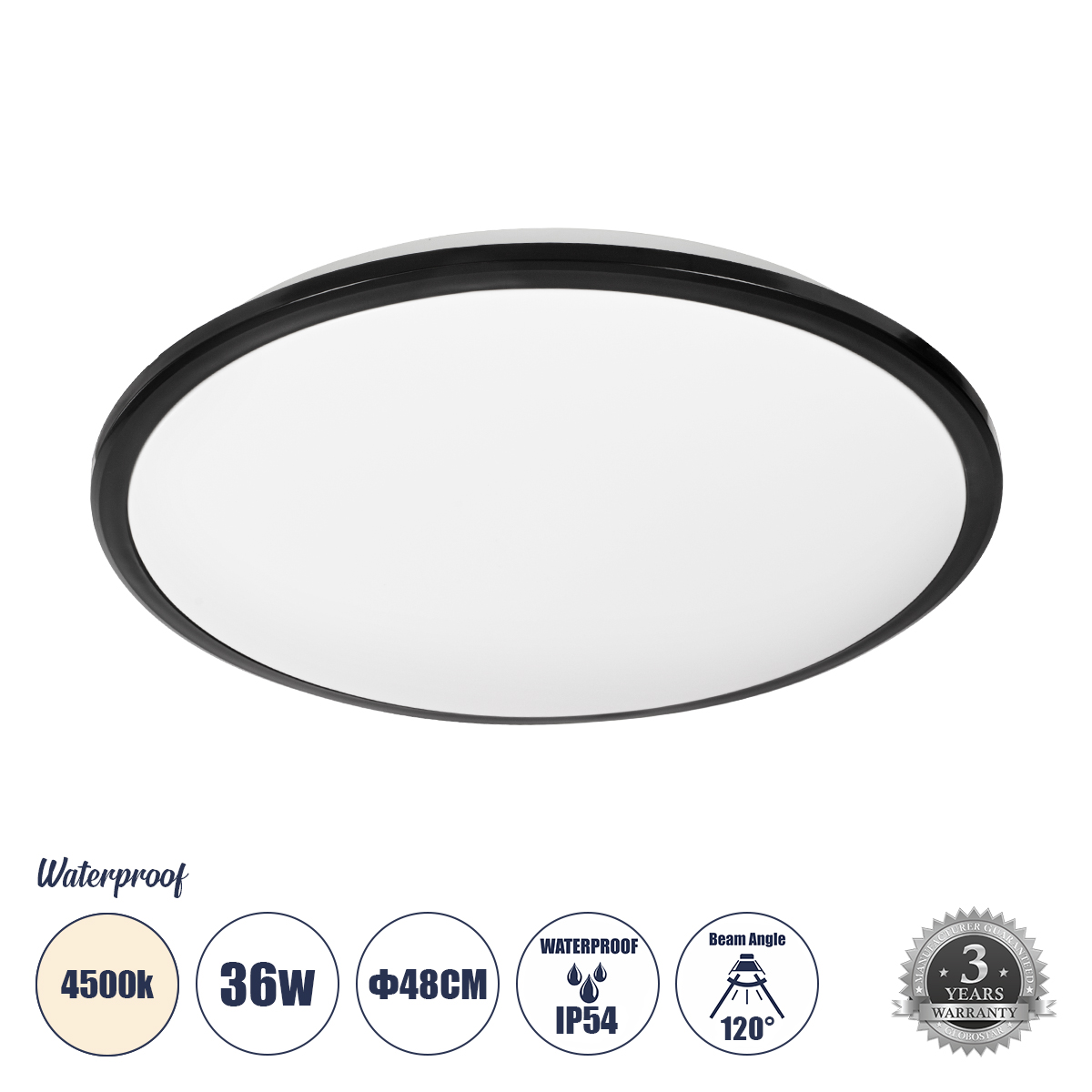 LEDTM® TUFFIN 60999 Φωτιστικό Πλαφονιέρα Οροφής LED 36W 3960lm 120° AC 220-240V Αδιάβροχο IP54 Φυσικό Λευκό 4500K - Lumileds SMD Chip - Μαύρο Ματ & Λευκό Γαλακτερό - Μ48 x Π48 x Υ6.5cm - 3 Χρόνια Εγγύηση - Image 2