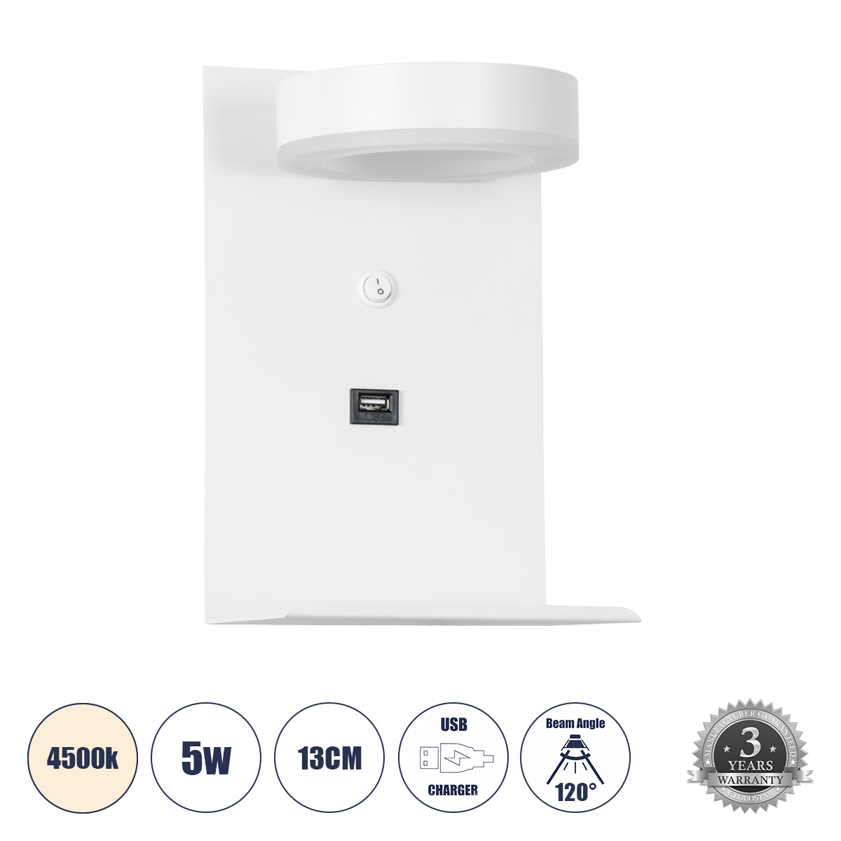 LEDTM® CROWN 61371 Μοντέρνο Φωτιστικό Τοίχου - Απλίκα Ξενοδοχείου Reading Light με Φορτιστή USB 3A LED 5W 550lm 120° AC 220-240V IP20 Φυσικό Λευκό 4500K - Bridgelux COB Chip & TÜV SÜD Driver - Λευκό Ματ - Μ15 x Π15 x Υ23cm - 3 Χρόνια Εγγύηση - Image 2
