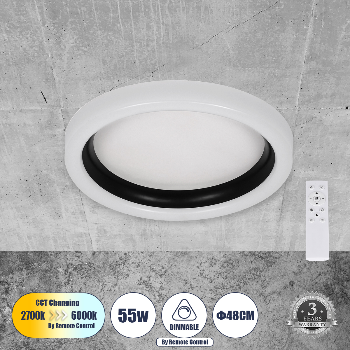 LEDTM® ARIANA 61034 Μοντέρνο Φωτιστικό Οροφής LED 55W 6376lm 120° AC 220-240V IP20 Ρυθμιζόμενο Λευκό CCT με Χειριστήριο από 2700K έως 6000K Dimmable - Lumileds SMD Chip - Λευκό Ματ & Μαύρο Ματ - Μ48 x Π48 x Υ9cm - 3 Χρόνια Εγγύηση - Image 2