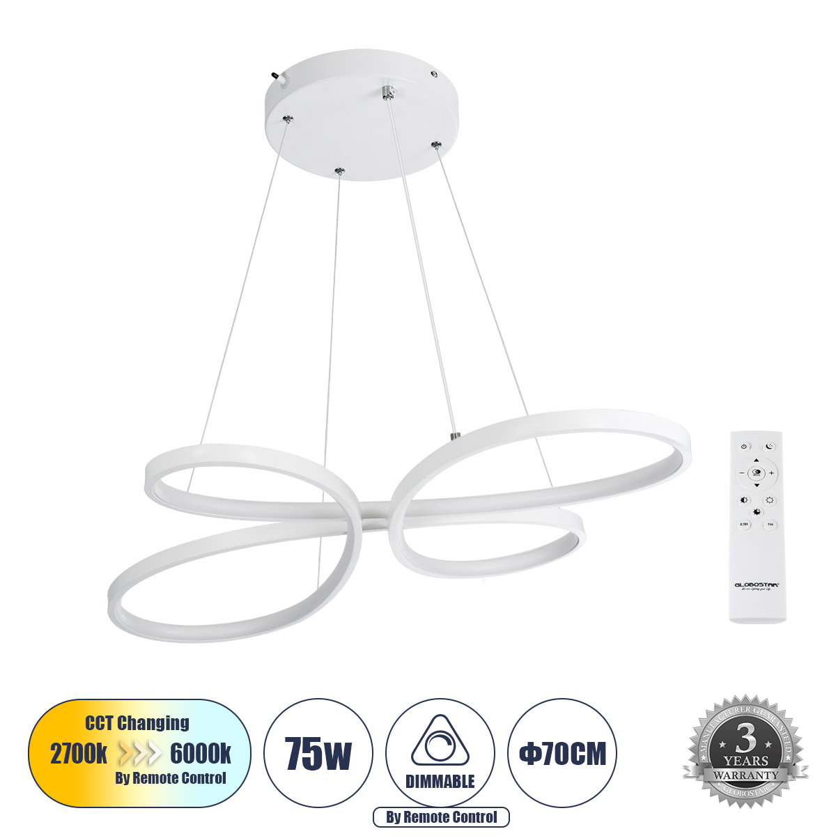LEDTM® BUTTERFLY 61392 Μοντέρνο Κρεμαστό Φωτιστικό Οροφής LED 75W 7500lm 300° AC 220-240V IP20 Ρυθμιζόμενο Λευκό CCT με Χειριστήριο από 2700K έως 6000K Dimmable - Lumileds SMD Chip - Λευκό Ματ - Μ70 x Π55 x Υ4cm - 3 Χρόνια Εγγύηση - Image 2