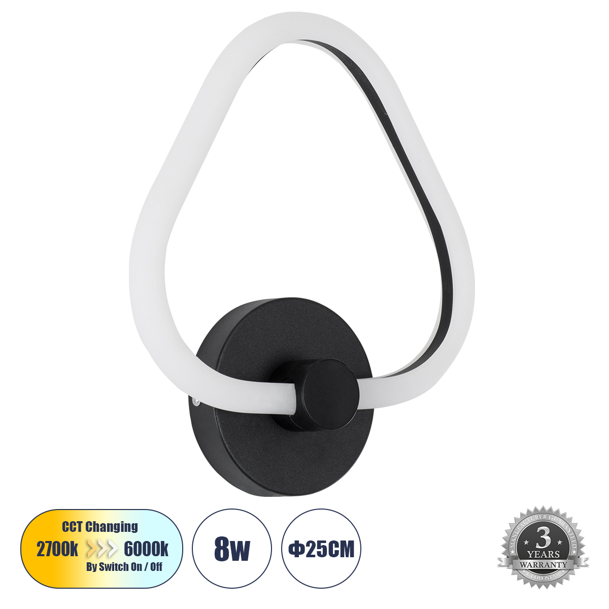 LEDTM® REGINA 61341 Μοντέρνο Φωτιστικό Τοίχου - Απλίκα LED 8W 960lm 360° AC 220-240V IP20 Ρυθμιζόμενο Λευκό CCT με On/Off 2700K/4500K/6000K - Lumileds SMD Chip - Μαύρο Ματ - Μ25 x Π7 x Υ28.5cm - 3 Χρόνια Εγγύηση - Image 2
