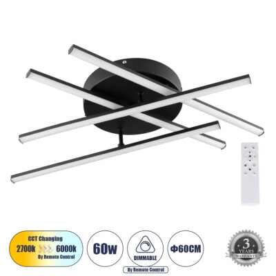 Alternative view of LEDTM® DRACO 61095 Μοντέρνο Φωτιστικό Οροφής LED 60W 7380lm 120° AC 220-240V IP20 Ρυθμιζόμενο Λευκό CCT με Χειριστήριο από 2700K έως 6000K Dimmable - Lumileds SMD Chip - Μαύρο Ματ - Μ60 x Π60 x Υ11cm - 3 Χρόνια Εγγύηση