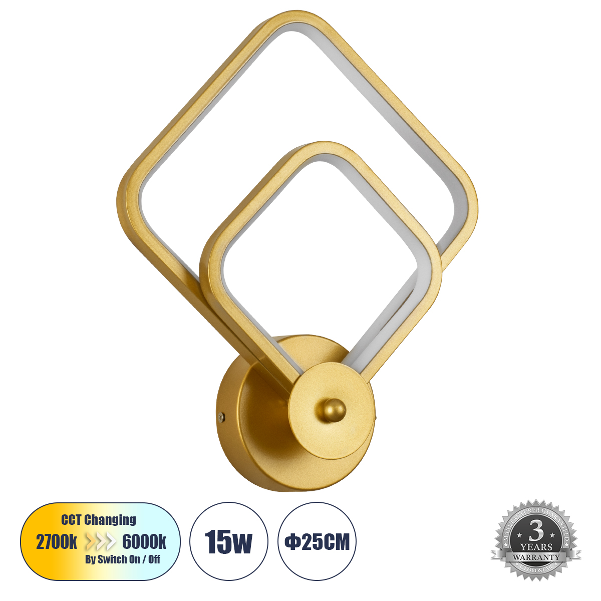 LEDTM® ANNA 61087 Μοντέρνο Φωτιστικό Τοίχου - Απλίκα LED 15W 1800lm 300° AC 220-240V IP20 Ρυθμιζόμενο Λευκό CCT με On/Off 2700K/4500K/6000K - Lumileds SMD Chip - Χρυσό Βούρτσας - Μ25 x Π8 x Υ30cm - 3 Χρόνια Εγγύηση - Image 2