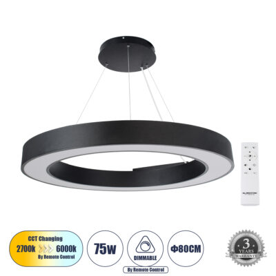 Alternative view of LEDTM® RA 61196 Μοντέρνο Κρεμαστό Φωτιστικό Οροφής LED 75W 8250lm 120° AC 220-240V IP20 Ρυθμιζόμενο Λευκό CCT με Χειριστήριο από 2700K έως 6000K Dimmable - Lumileds SMD Chip - Μαύρο Ματ - Μ80 x Π80 x Υ8cm - 3 Χρόνια Εγγύηση