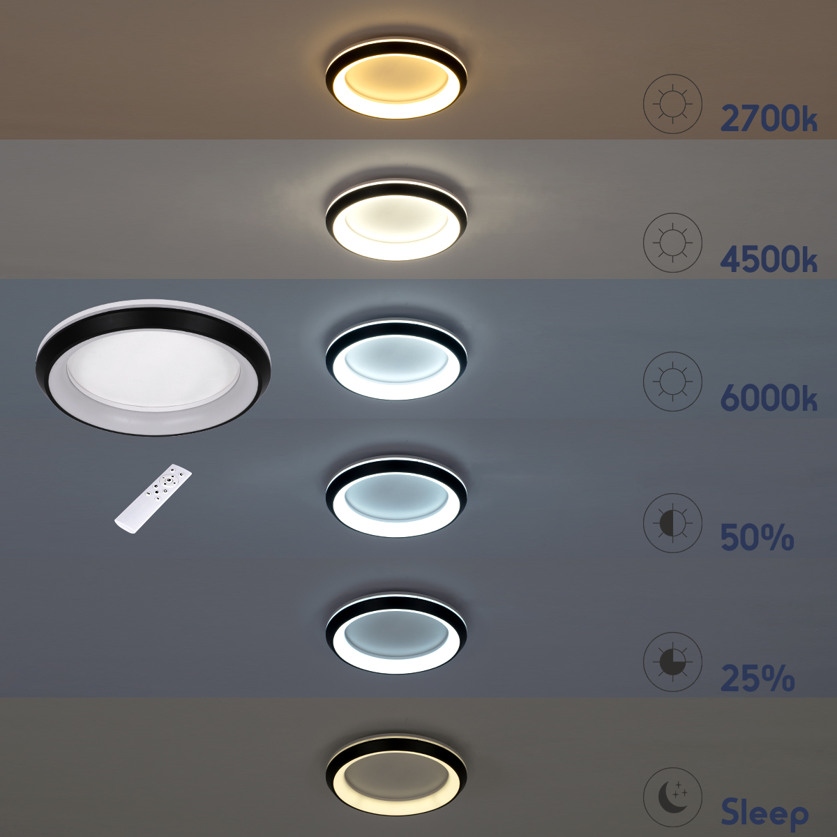 LEDTM® MELINA 61042 Μοντέρνο Φωτιστικό Οροφής LED 55W 6376lm 120° AC 220-240V IP20 Ρυθμιζόμενο Λευκό CCT με Χειριστήριο από 2700K έως 6000K Dimmable - Lumileds SMD Chip - Γκρι - Μ48 x Π48 x Υ9cm - 3 Χρόνια Εγγύηση - Image 12