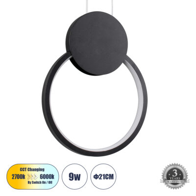 Alternative view of LEDTM® CYCLOS 61073 Μοντέρνο Κρεμαστό Φωτιστικό Οροφής LED 9W 1080lm 300° AC 220-240V IP20 Ρυθμιζόμενο Λευκό CCT με On/Off 2700K/4500K/6000K - Lumileds SMD Chip - Μαύρο Ματ - Μ21 x Π2.3 x Υ26.5cm - 3 Χρόνια Εγγύηση