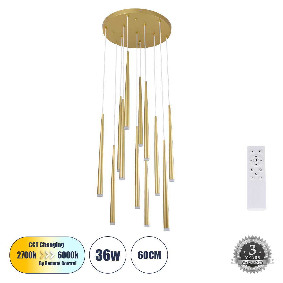 LEDTM® TEARS 61314 Μοντέρνο Κρεμαστό Φωτιστικό Οροφής LED 36W 3960lm 180° AC 220-240V IP20 Ρυθμιζόμενο Λευκό CCT με Χειριστήριο από 2700K έως 6000K Dimmable - Lumileds SMD Chip - Χρυσό Βούρτσας - Μ60 x Π60 x Υ51.5cm - 3 Χρόνια Εγγύηση - Image 2