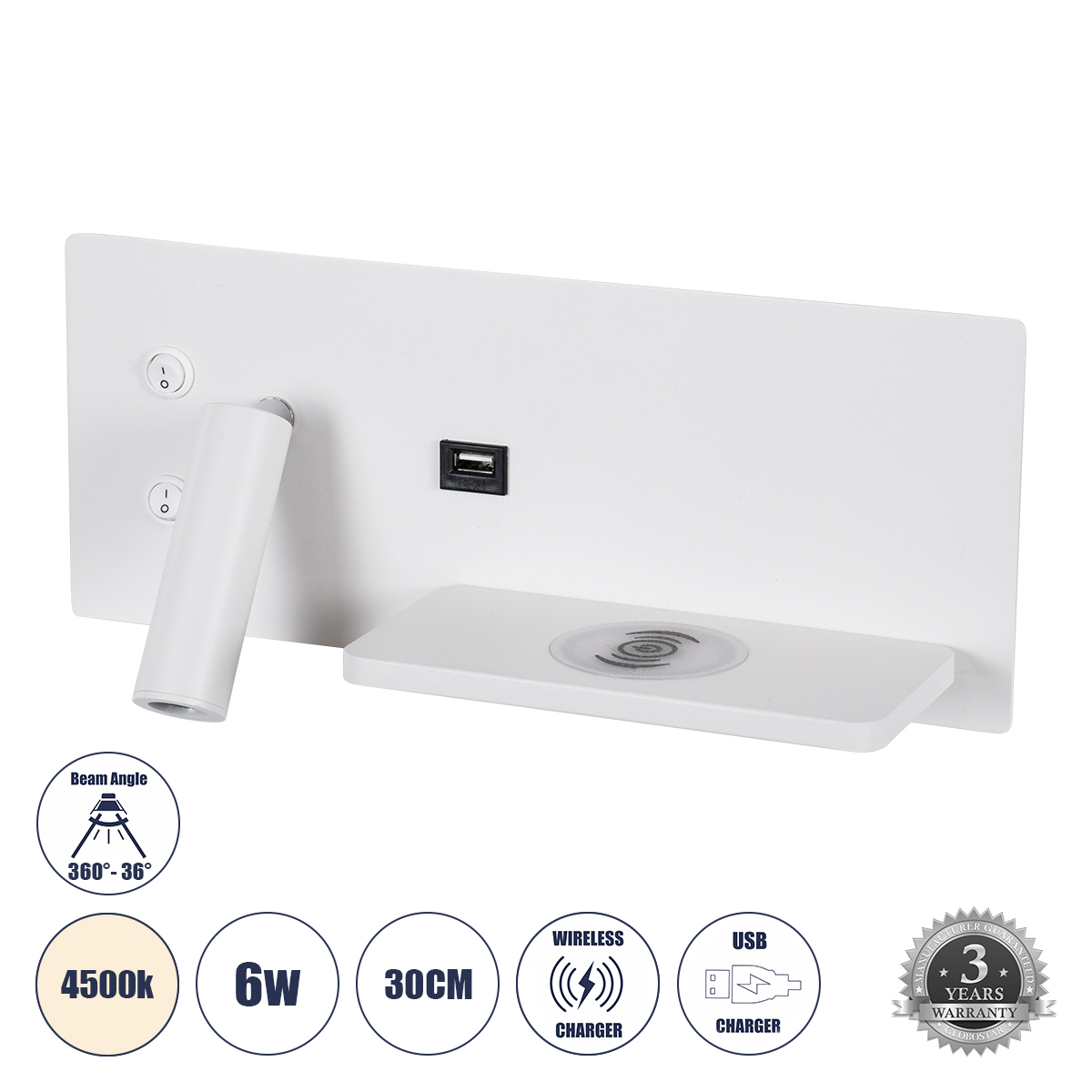 LEDTM® PALADIN 61354 Μοντέρνο Φωτιστικό Τοίχου - Απλίκα Ξενοδοχείου Reading Light με Φορτιστή USB 3A & Wireless 20W LED 6W 720lm 36° & 360° AC 220-240V IP20 Φυσικό Λευκό 4500K - Bridgelux COB Chip & TÜV SÜD Driver - Λευκό Ματ - Μ30 x Π11 x Υ12cm - 3 Χρόνια Εγγύηση - Image 2