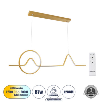 Alternative view of LEDTM® WINDY 61293 Μοντέρνο Κρεμαστό Φωτιστικό Οροφής LED 67W 7504lm 300° AC 220-240V IP20 Ρυθμιζόμενο Λευκό CCT με Χειριστήριο από 2700K έως 6000K Dimmable - Lumileds SMD Chip - Χρυσό Βούρτσας - Μ120 x Π4 x Υ30cm - 3 Χρόνια Εγγύηση