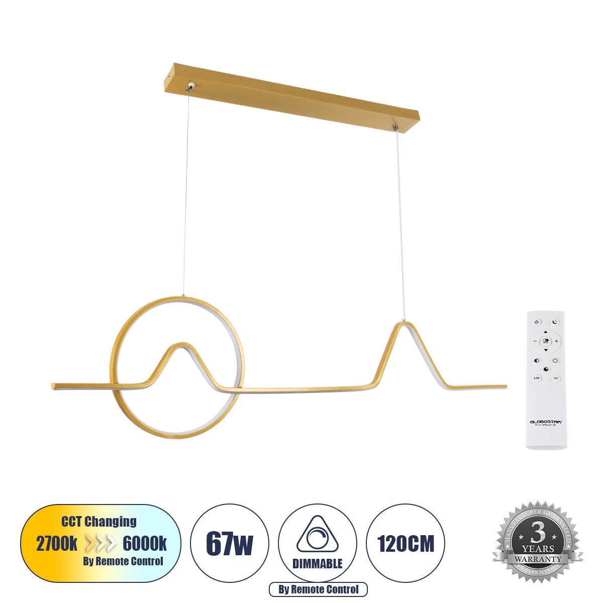 LEDTM® WINDY 61293 Μοντέρνο Κρεμαστό Φωτιστικό Οροφής LED 67W 7504lm 300° AC 220-240V IP20 Ρυθμιζόμενο Λευκό CCT με Χειριστήριο από 2700K έως 6000K Dimmable - Lumileds SMD Chip - Χρυσό Βούρτσας - Μ120 x Π4 x Υ30cm - 3 Χρόνια Εγγύηση - Image 2