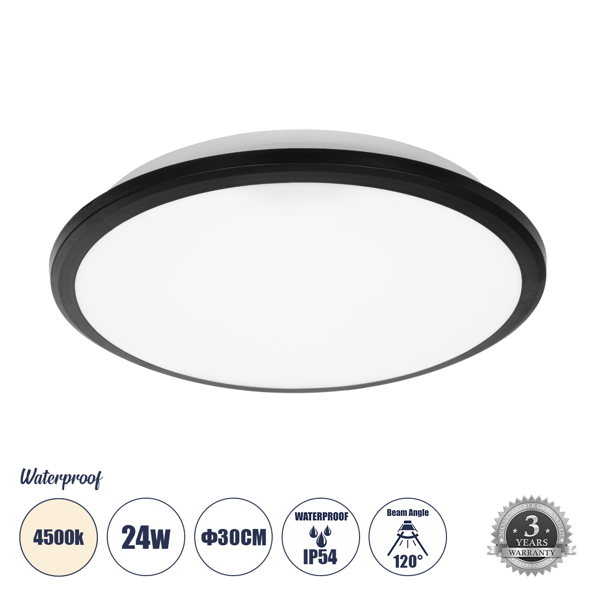 LEDTM® TUFFIN 60997 Φωτιστικό Πλαφονιέρα Οροφής LED 24W 2640lm 120° AC 220-240V Αδιάβροχο IP54 Φυσικό Λευκό 4500K - Lumileds SMD Chip - Μαύρο Ματ & Λευκό Γαλακτερό - Μ30 x Π30 x Υ6.5cm - 3 Χρόνια Εγγύηση - Image 2