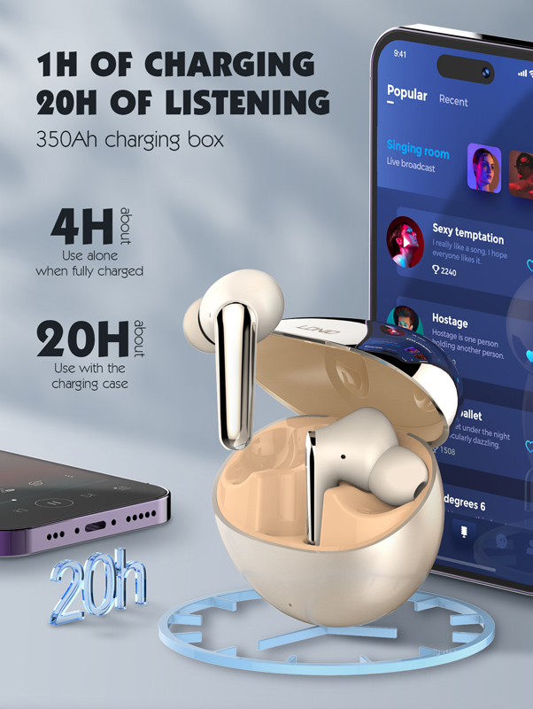 LDNIO earphones με θήκη φόρτισης T01, True Wireless, HiFi, Φ10mm, χρυσά - Image 4
