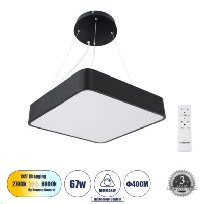 Alternative view of LEDTM® KAMALA 61206-P Μοντέρνο Κρεμαστό Φωτιστικό Οροφής LED 67W 7705lm 120° AC 220-240V IP20 Ρυθμιζόμενο Λευκό CCT με Χειριστήριο από 2700K έως 6000K Dimmable - Lumileds SMD Chip - Μαύρο Ματ - Μ40 x Π40 x Υ8cm - 3 Χρόνια Εγγύηση
