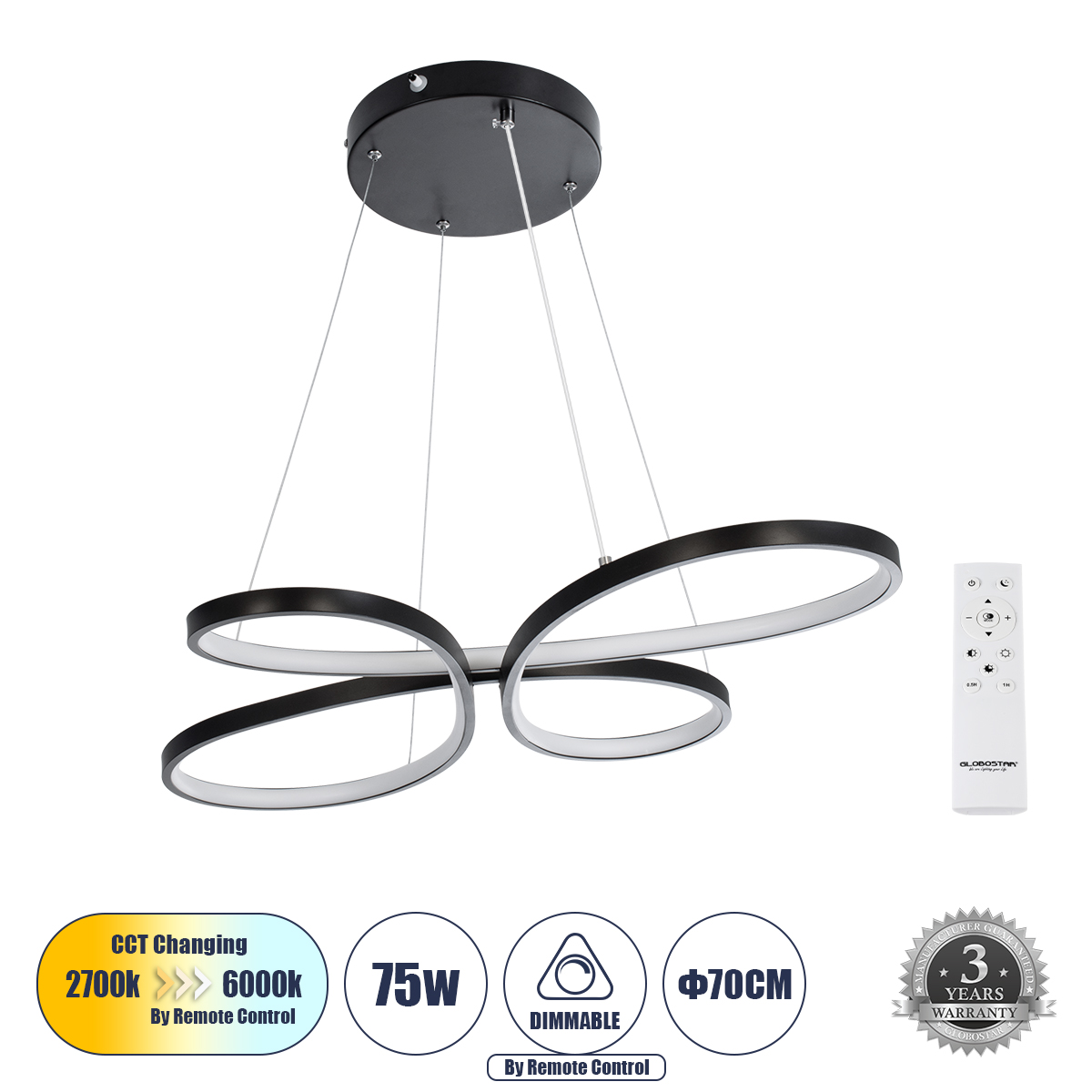 LEDTM® BUTTERFLY 61391 Μοντέρνο Κρεμαστό Φωτιστικό Οροφής LED 75W 7500lm 300° AC 220-240V IP20 Ρυθμιζόμενο Λευκό CCT με Χειριστήριο από 2700K έως 6000K Dimmable - Lumileds SMD Chip - Μαύρο Ματ - Μ70 x Π55 x Υ4cm - 3 Χρόνια Εγγύηση - Image 2