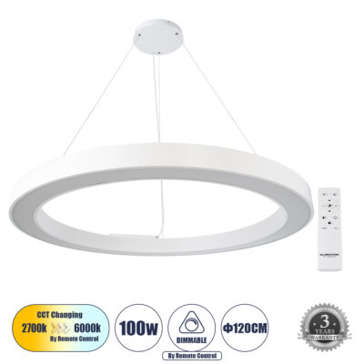 Alternative view of LEDTM® RA 61199 Μοντέρνο Κρεμαστό Φωτιστικό Οροφής LED 100W 11020lm 120° AC 220-240V IP20 Ρυθμιζόμενο Λευκό CCT με Χειριστήριο από 2700K έως 6000K Dimmable - Lumileds SMD Chip - Λευκό Ματ - Μ120 x Π120 x Υ8cm - 3 Χρόνια Εγγύηση
