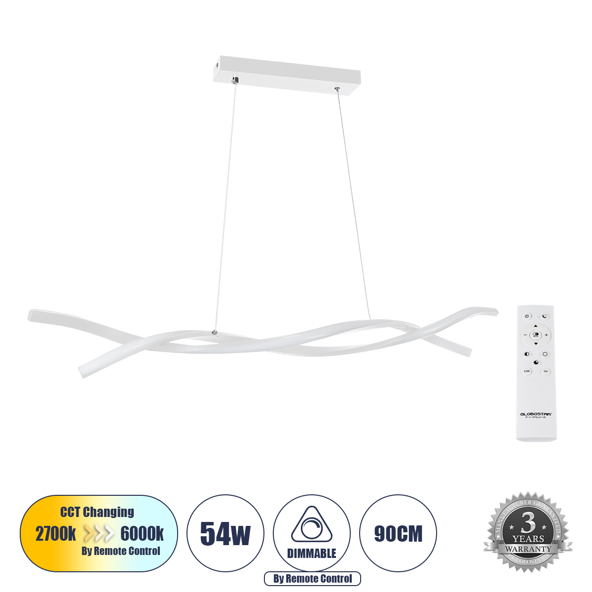 LEDTM® MORALES 61276 Μοντέρνο Κρεμαστό Φωτιστικό Οροφής LED 54W 6048lm 300° AC 220-240V IP20 Ρυθμιζόμενο Λευκό CCT με Χειριστήριο από 2700K έως 6000K Dimmable - Lumileds SMD Chip - Λευκό Ματ - Μ90 x Π14 x Υ14cm - 3 Χρόνια Εγγύηση - Image 2